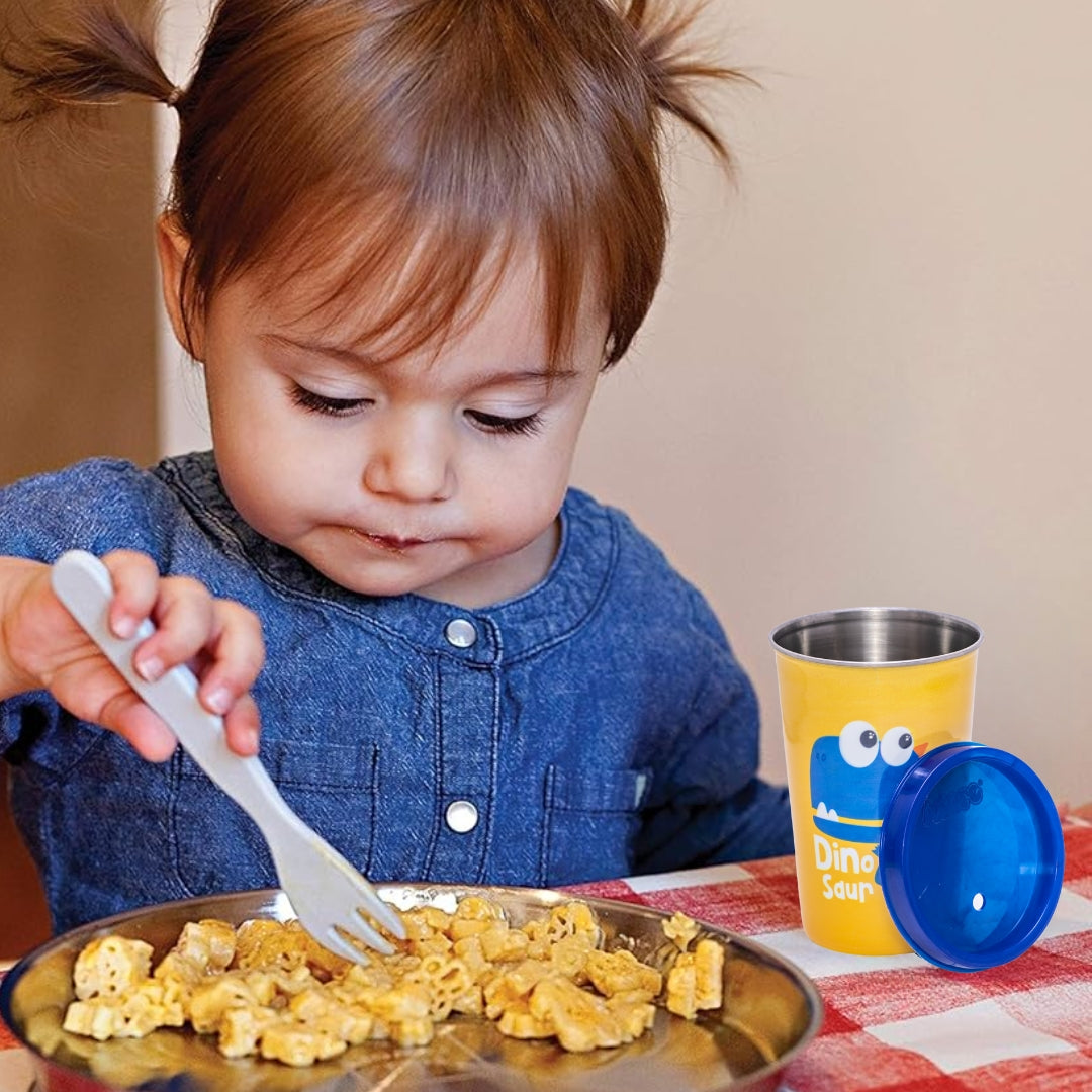 Adore Blissful! The Character Printed Steel Tumbler with Straw Lid Cap, Straw, Straw Brush set- 350ml - Dino