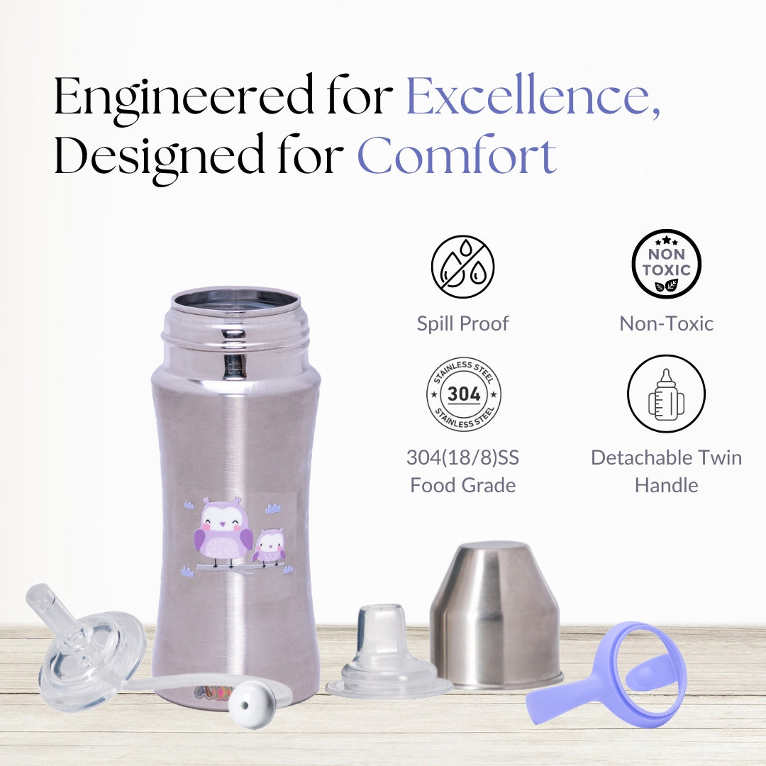Adore Twilight 2in 1 Stainless Steel Sipper with Twin Handle 250ml - Purple Owl