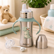 Adore Twilight 2in 1 Stainless Steel Sipper with Twin Handle 250ml - Green Dino