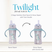 Adore Twilight 2in 1 Stainless Steel Sipper with Twin Handle 250ml - Green Dino