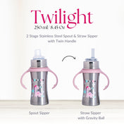 Adore Twilight 2in 1 Stainless Steel Sipper with Twin Handle 250ml - Pink Dino