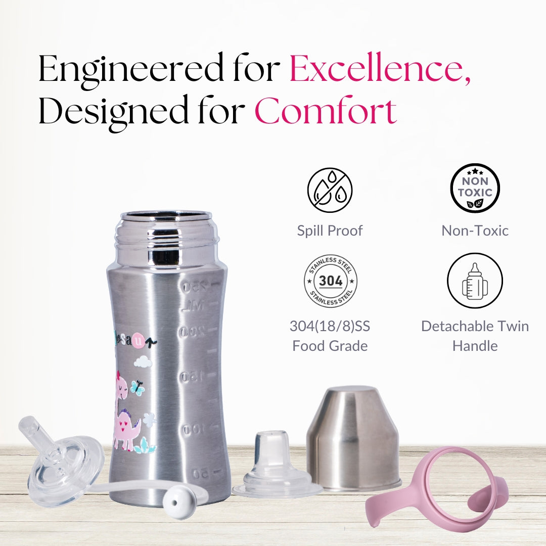 Adore Twilight 2in 1 Stainless Steel Sipper with Twin Handle 250ml - Pink Dino