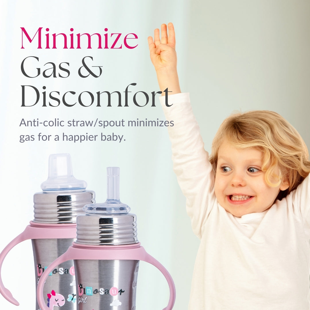 Adore Twilight 2in 1 Stainless Steel Sipper with Twin Handle 250ml - Pink Dino