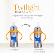 Adore Twilight 2in 1 Stainless Steel Sipper with Twin Handle 250ml - Orange Dino