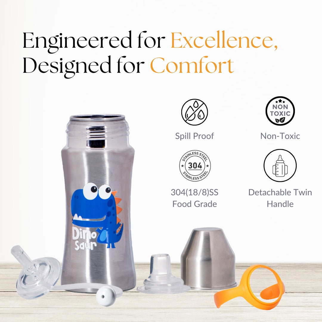 Adore Twilight 2in 1 Stainless Steel Sipper with Twin Handle 250ml - Orange Dino