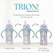 Adore Trion 3 in 1 Stainless Steel Sipper with Twin Handle 250ml- Green Dino