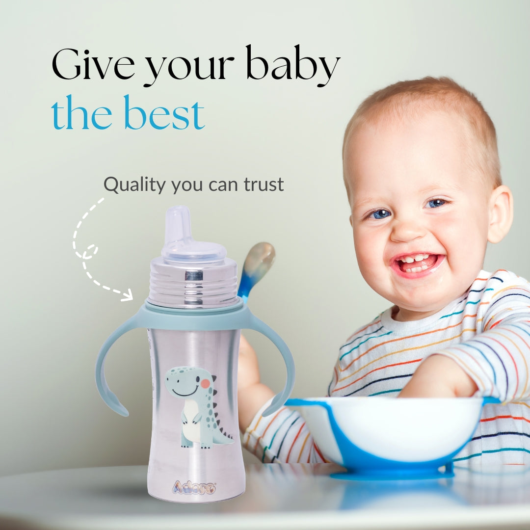 Adore Trion 3 in 1 Stainless Steel Sipper with Twin Handle 250ml- Green Dino