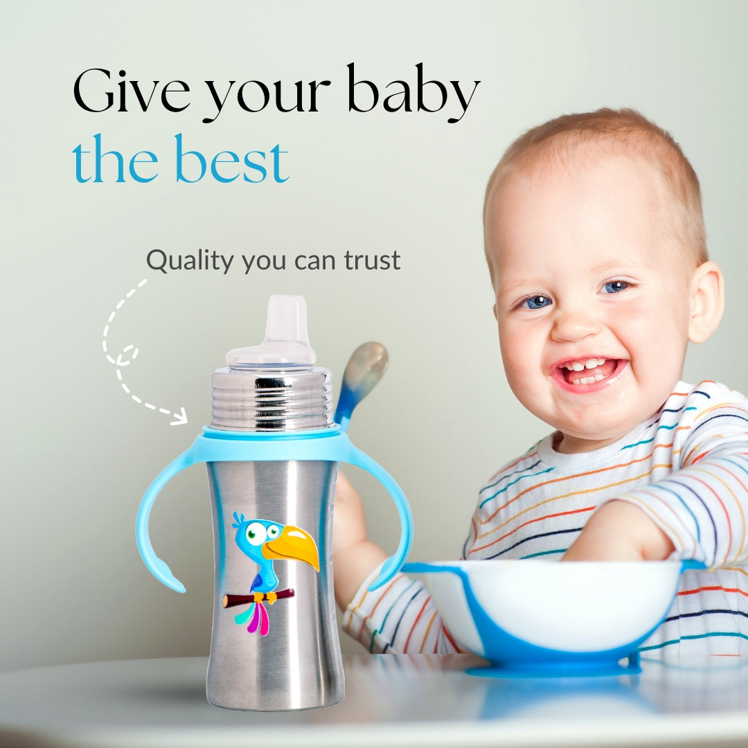 Adore Trion 3 in 1 Stainless Steel Sipper with Twin Handle 250ml- Blue Toucan