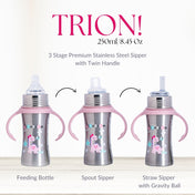 Adore Trion 3 in 1 Stainless Steel Sipper with Twin Handle 250ml- Pink Dino