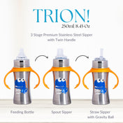 Adore Trion 3 in 1 Stainless Steel Sipper with Twin Handle 250ml- Orange Dino