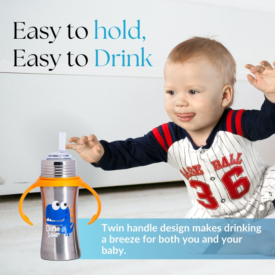 Adore Trion 3 in 1 Stainless Steel Sipper with Twin Handle 250ml- Orange Dino