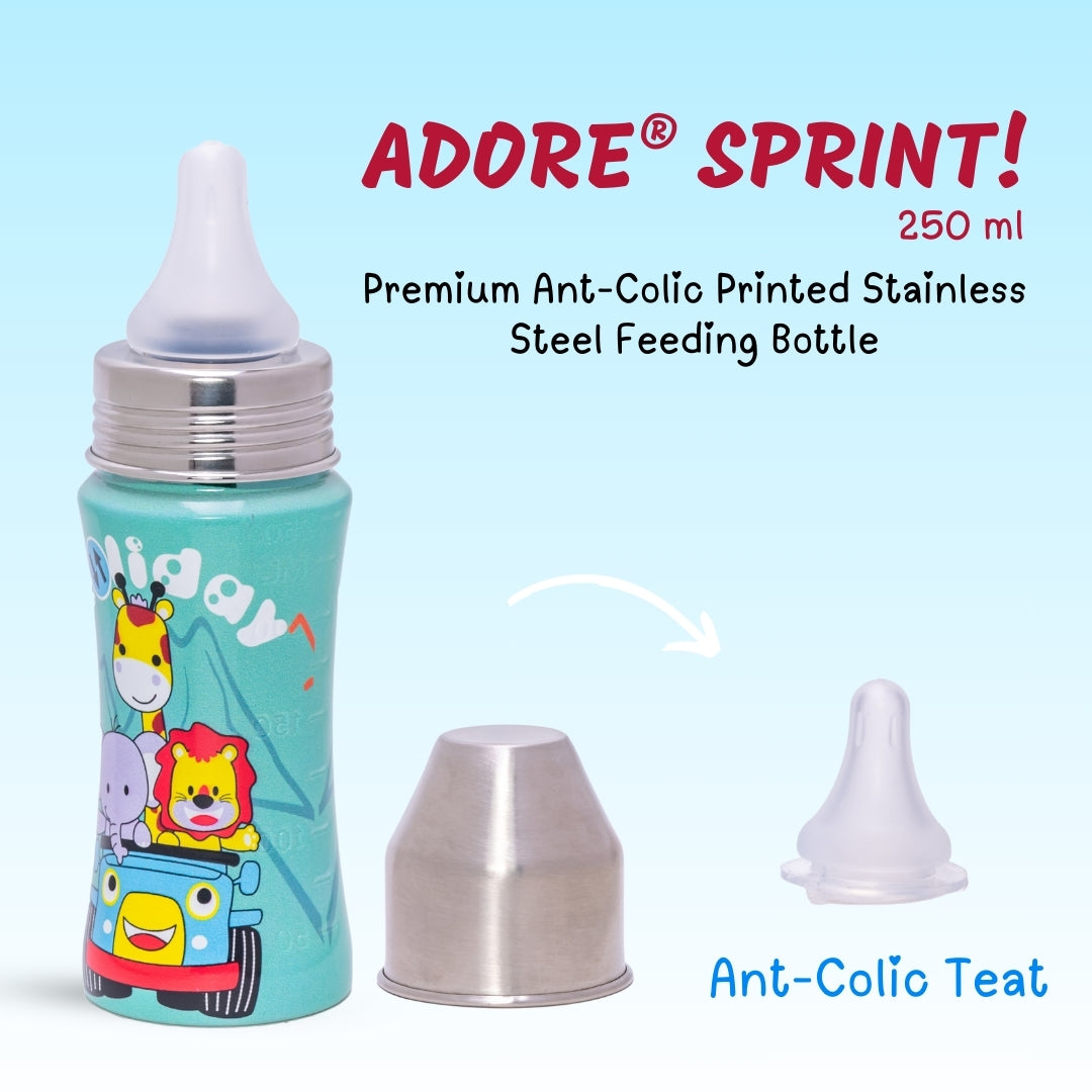 Adore SPRINT! Printed Stainless Steel Feeding Bottle with Premium Matte Anti-Colic Teat 250ml- Holiday