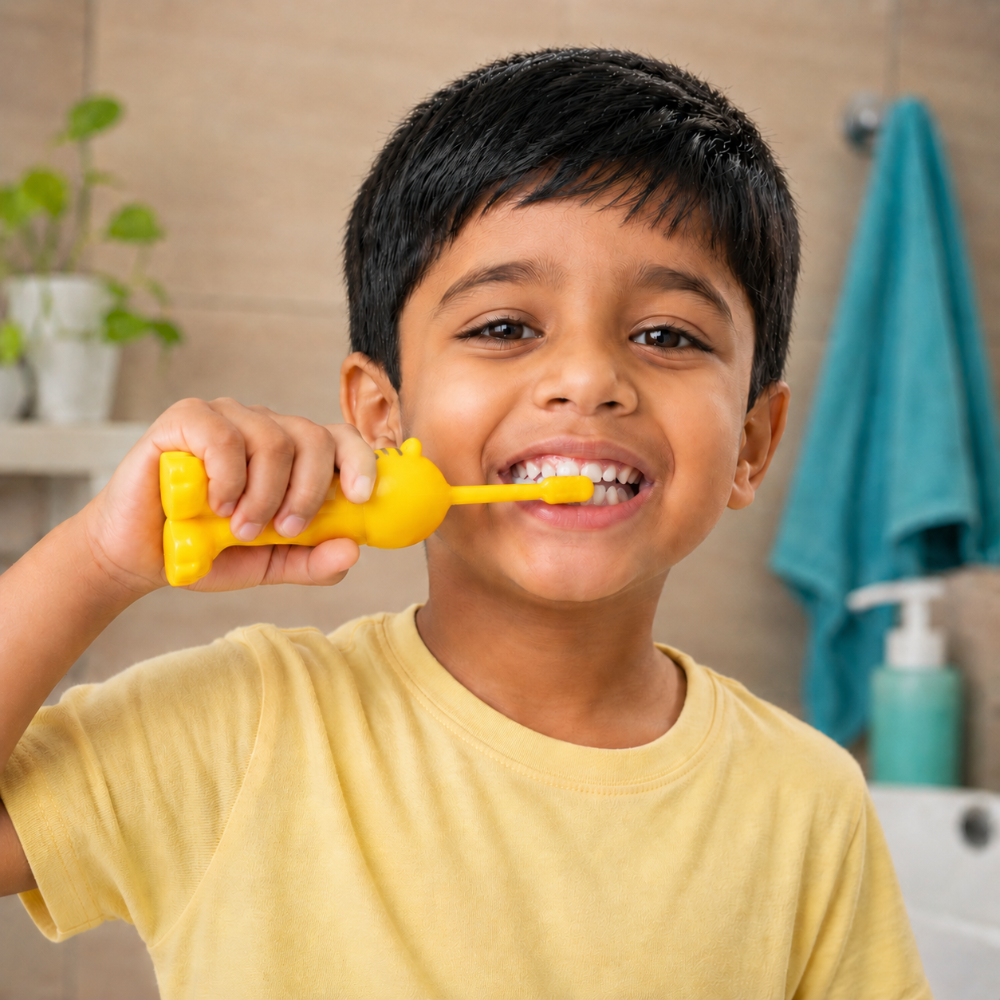 Adore Kids Pop Up Toothbrush with Safety Head Attractive Character - Yellow Cow
