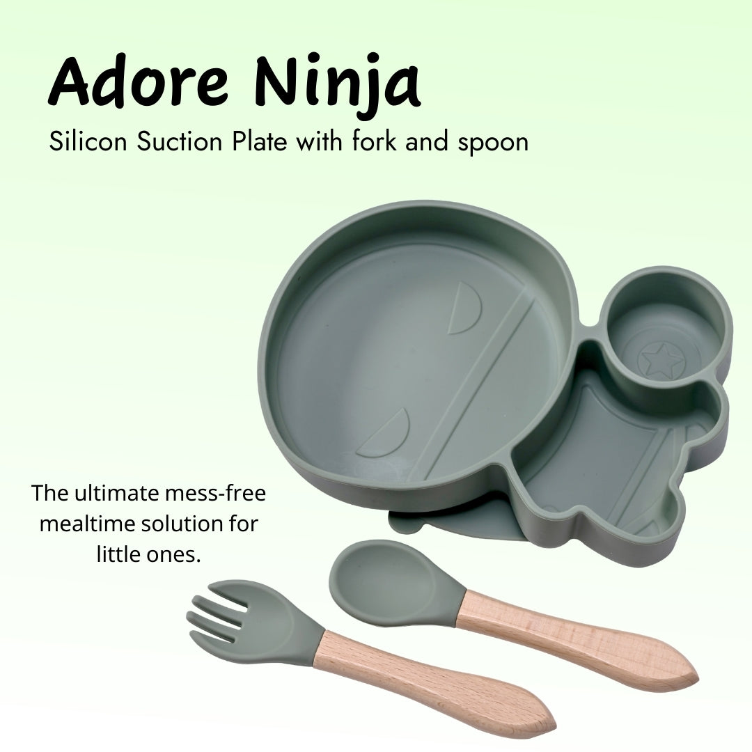 Adore Ninja ! Silicon Suction Plate with fork and spoon - Military Green