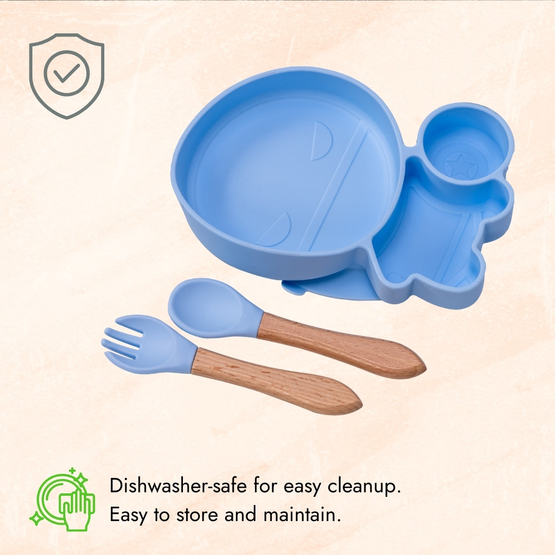 Adore Ninja ! SIlicon Suction Plate with fork and spoon - Blossom Blue