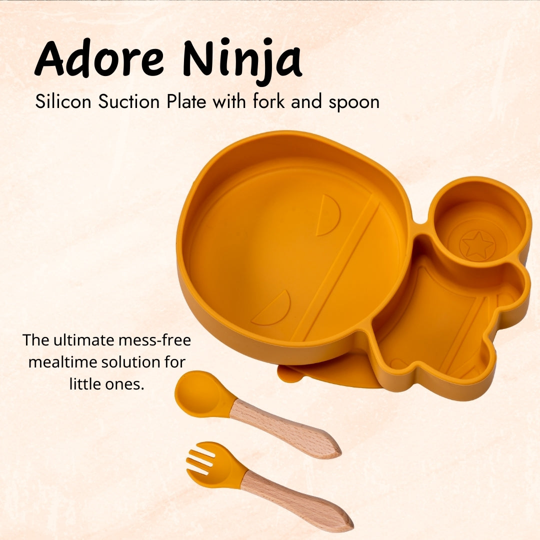 Adore Ninja ! SIlicon Suction Plate with fork and spoon - Yanky Yellow