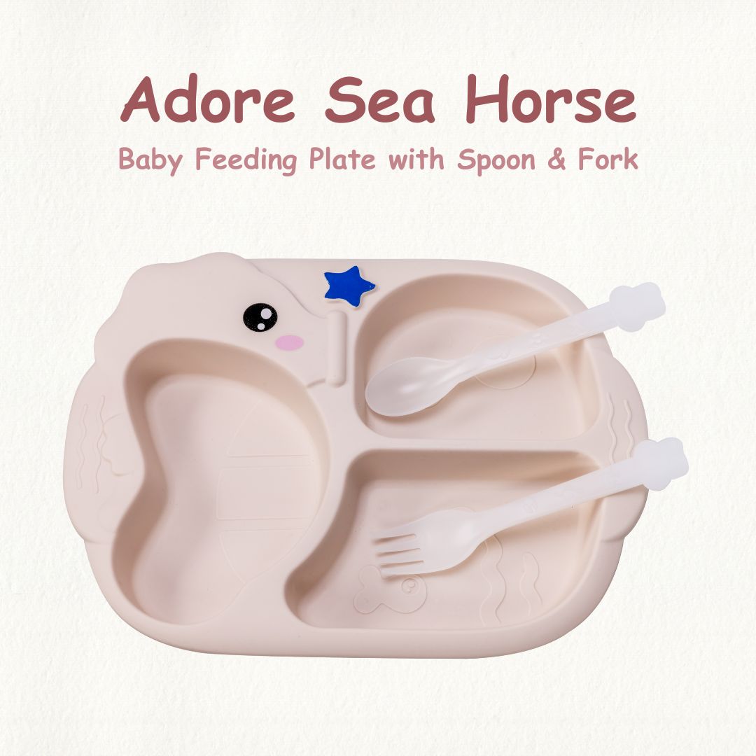 Adore Sea Horse - Plastic feeding plate with Spoon & Fork- Cream