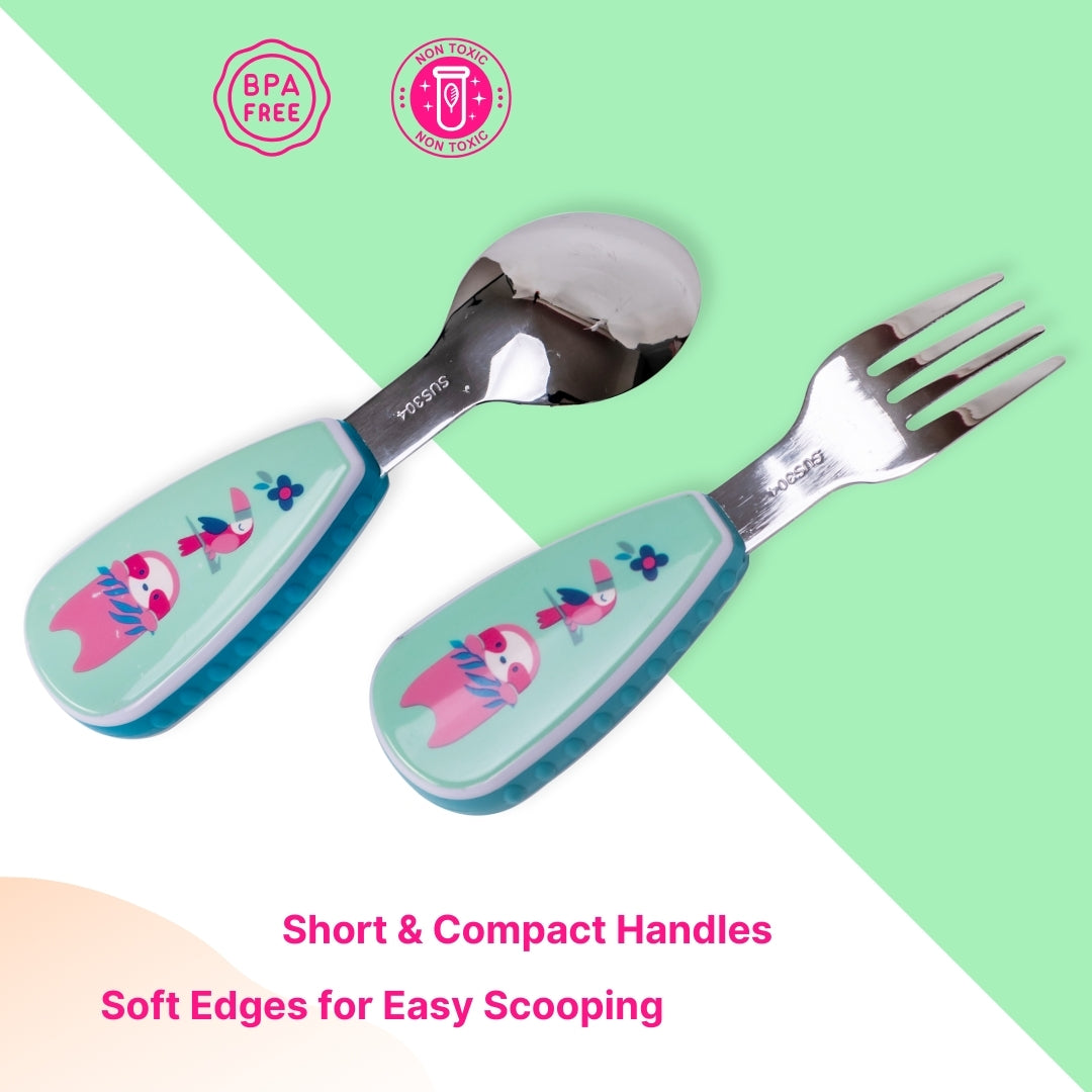 Adore Glory - Stainless Steel Feeding Spoon n Fork Cutlery set with Case- Green