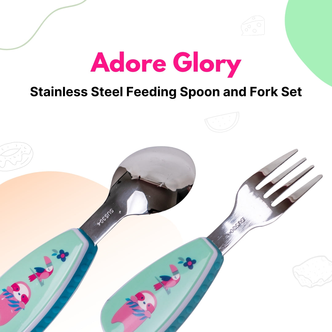 Adore Glory - Stainless Steel Feeding Spoon n Fork Cutlery set with Case- Green