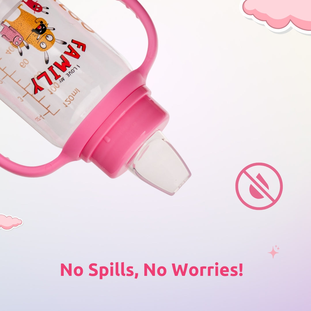 Adore ALGO Jr. Baby Silicon Soft Spout Sipper with Twin Handle- 125ml- Family Theme Pink