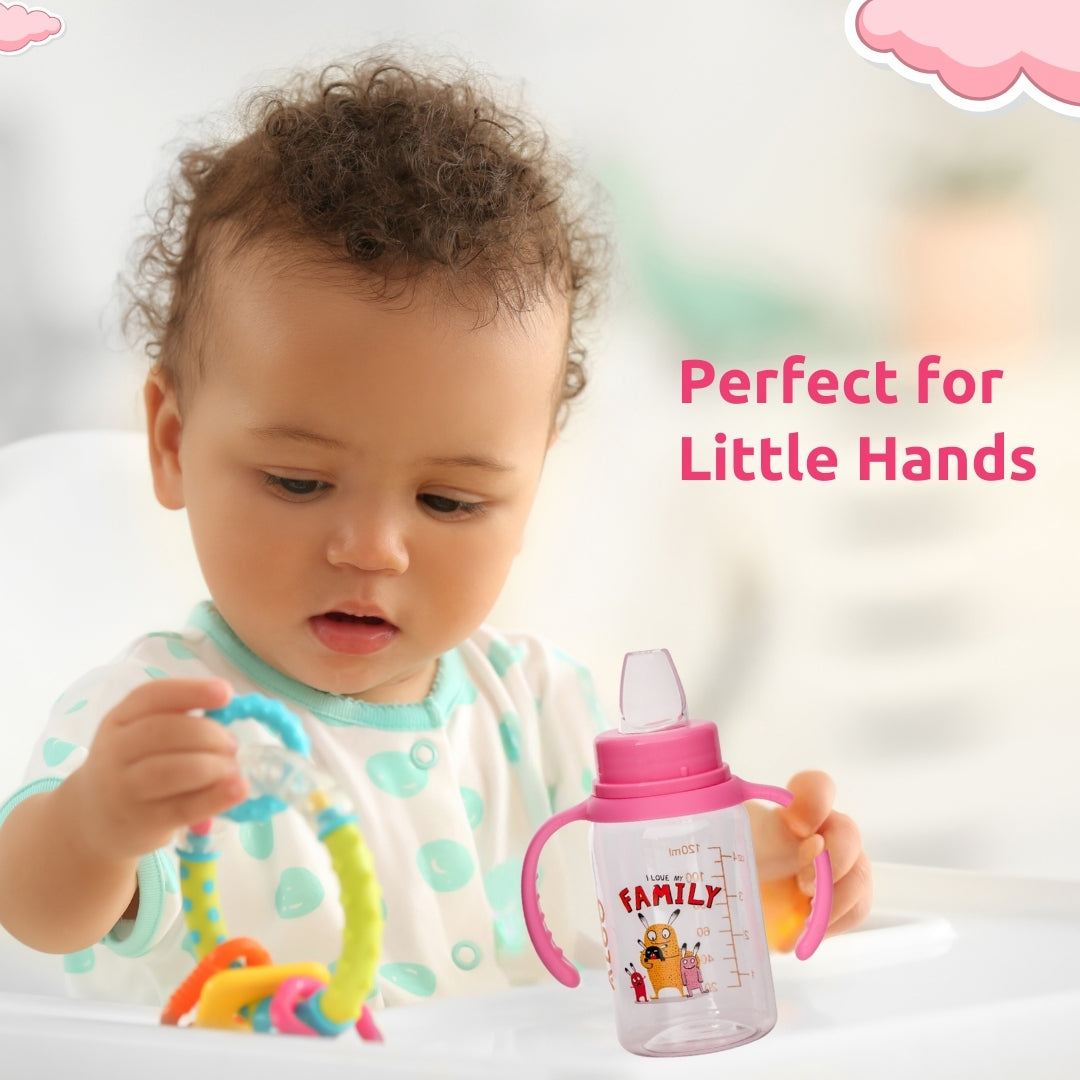 Adore ALGO Jr. Baby Silicon Soft Spout Sipper with Twin Handle- 125ml- Family Theme Pink