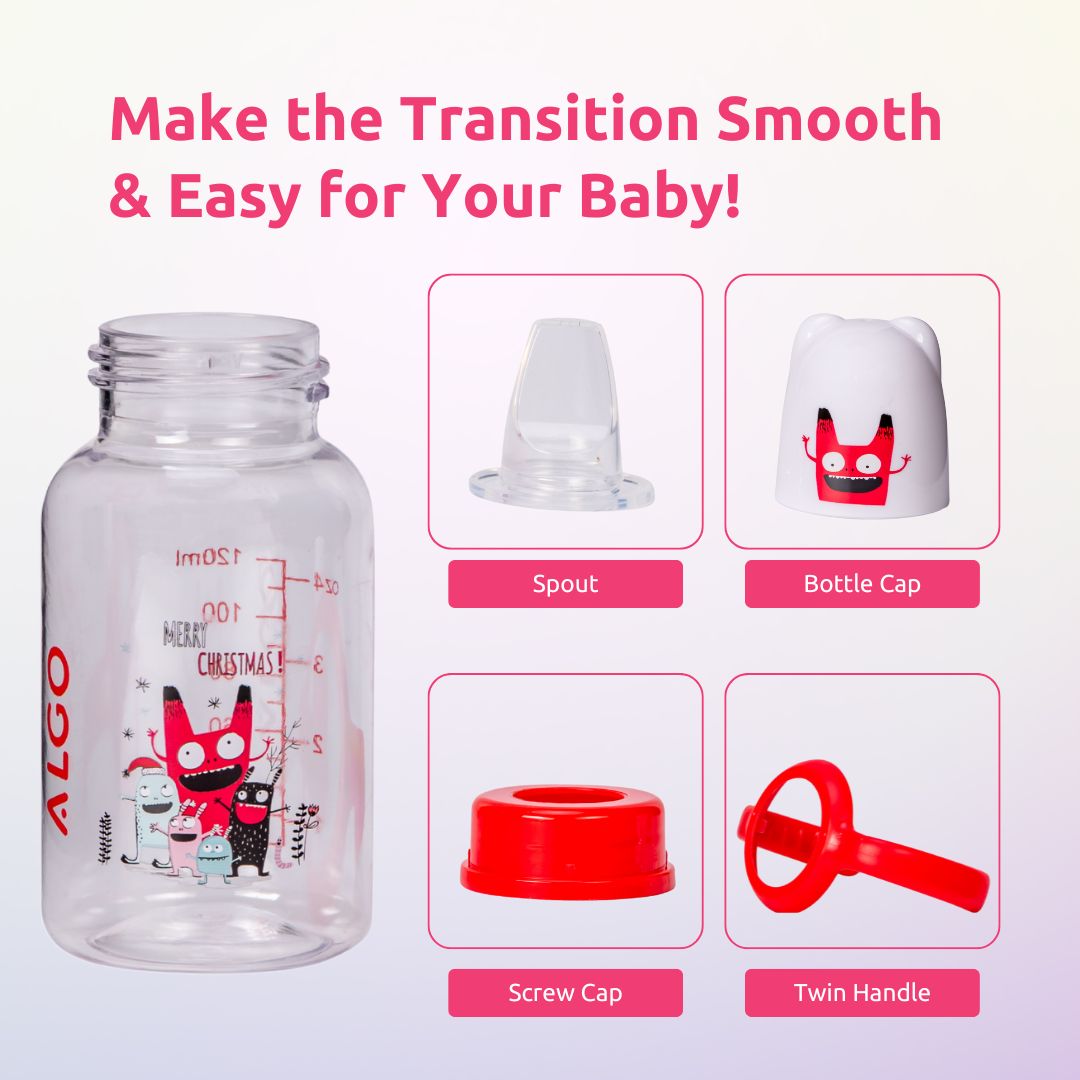 Adore ALGO Jr. Baby Silicon Soft Spout Sipper with Twin Handle- 125ml - Family Theme Red