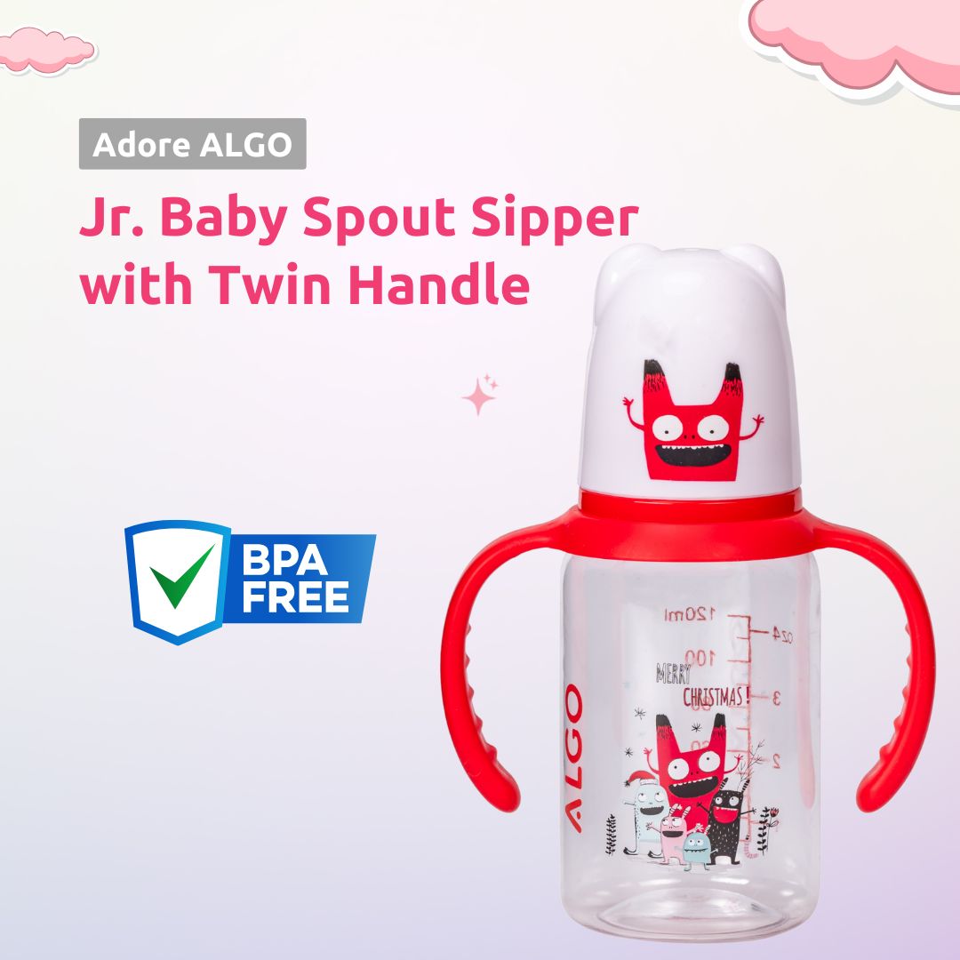 Adore ALGO Jr. Baby Silicon Soft Spout Sipper with Twin Handle- 125ml - Family Theme Red