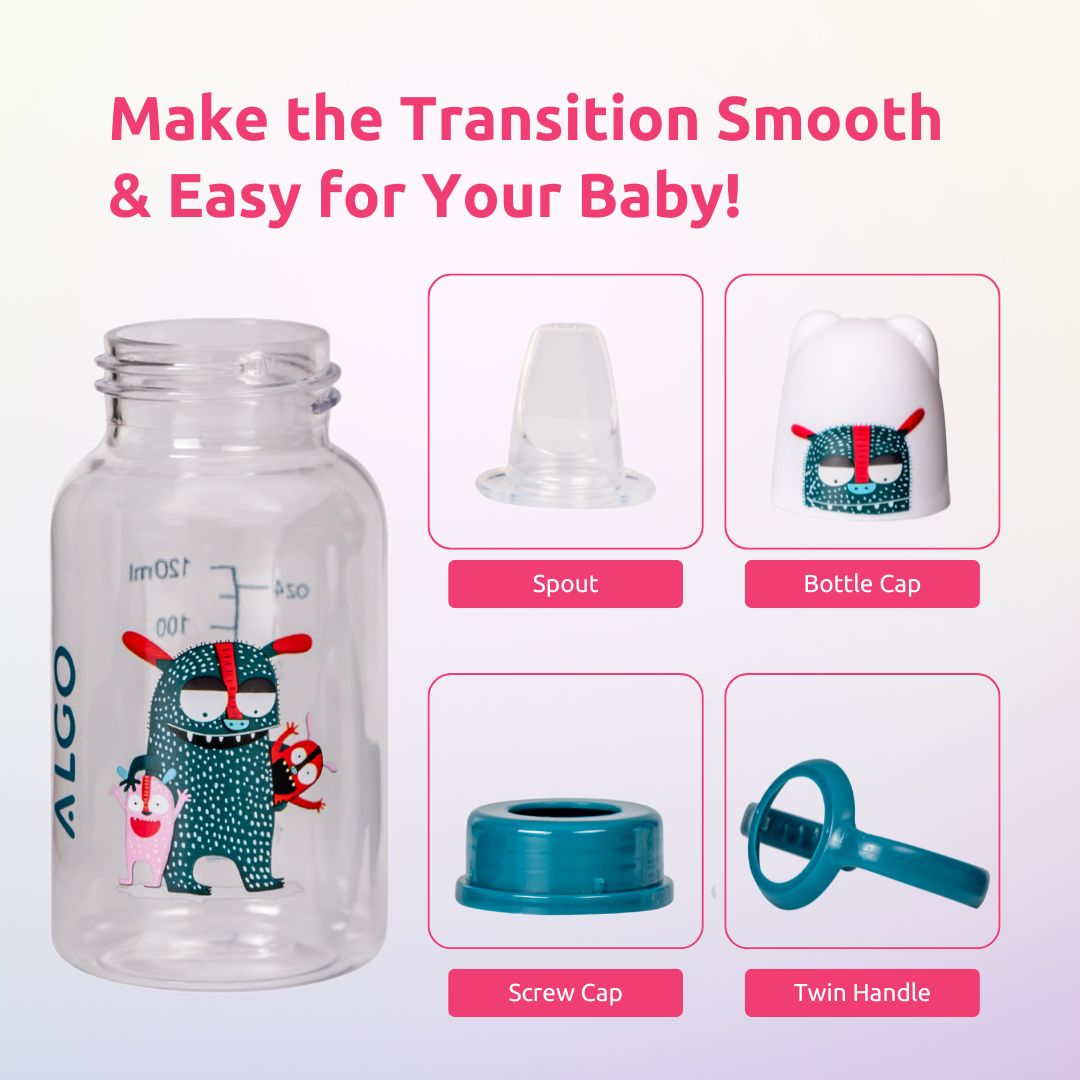 Adore ALGO Jr. Baby Silicon Soft Spout Sipper with Twin Handle- 125ml- Family Theme Blue