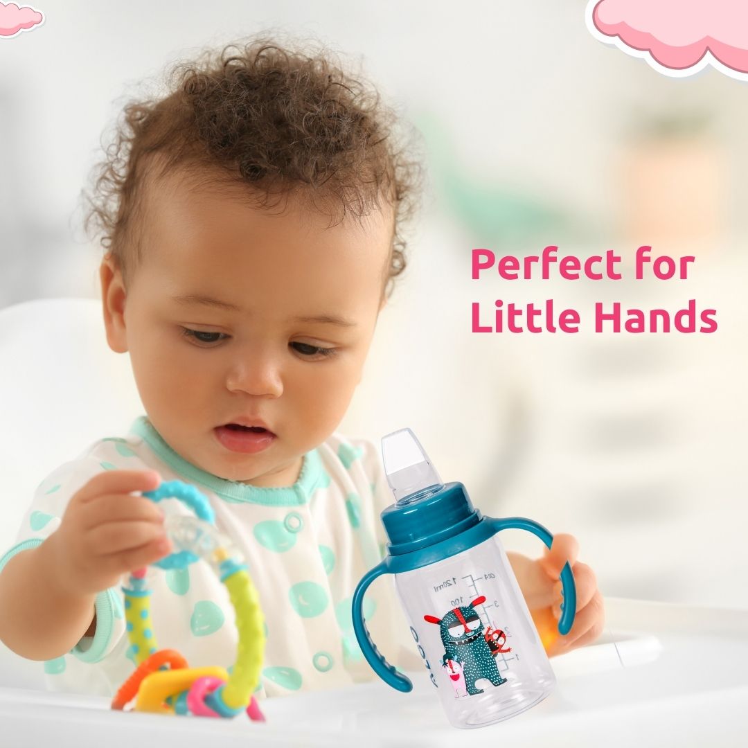 Adore ALGO Jr. Baby Silicon Soft Spout Sipper with Twin Handle- 125ml- Family Theme Blue