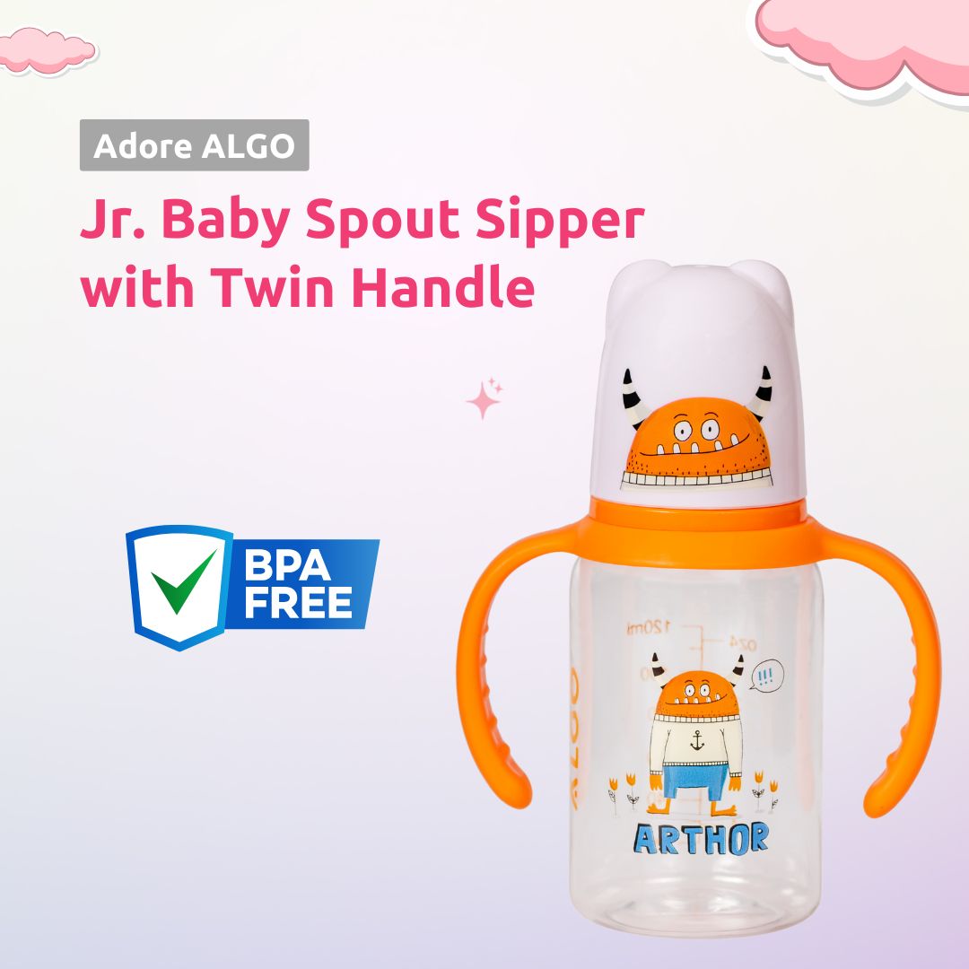 Adore ALGO Jr. Baby Silicon Soft Spout Sipper with Twin Handle- 125ml-Family Theme Orange