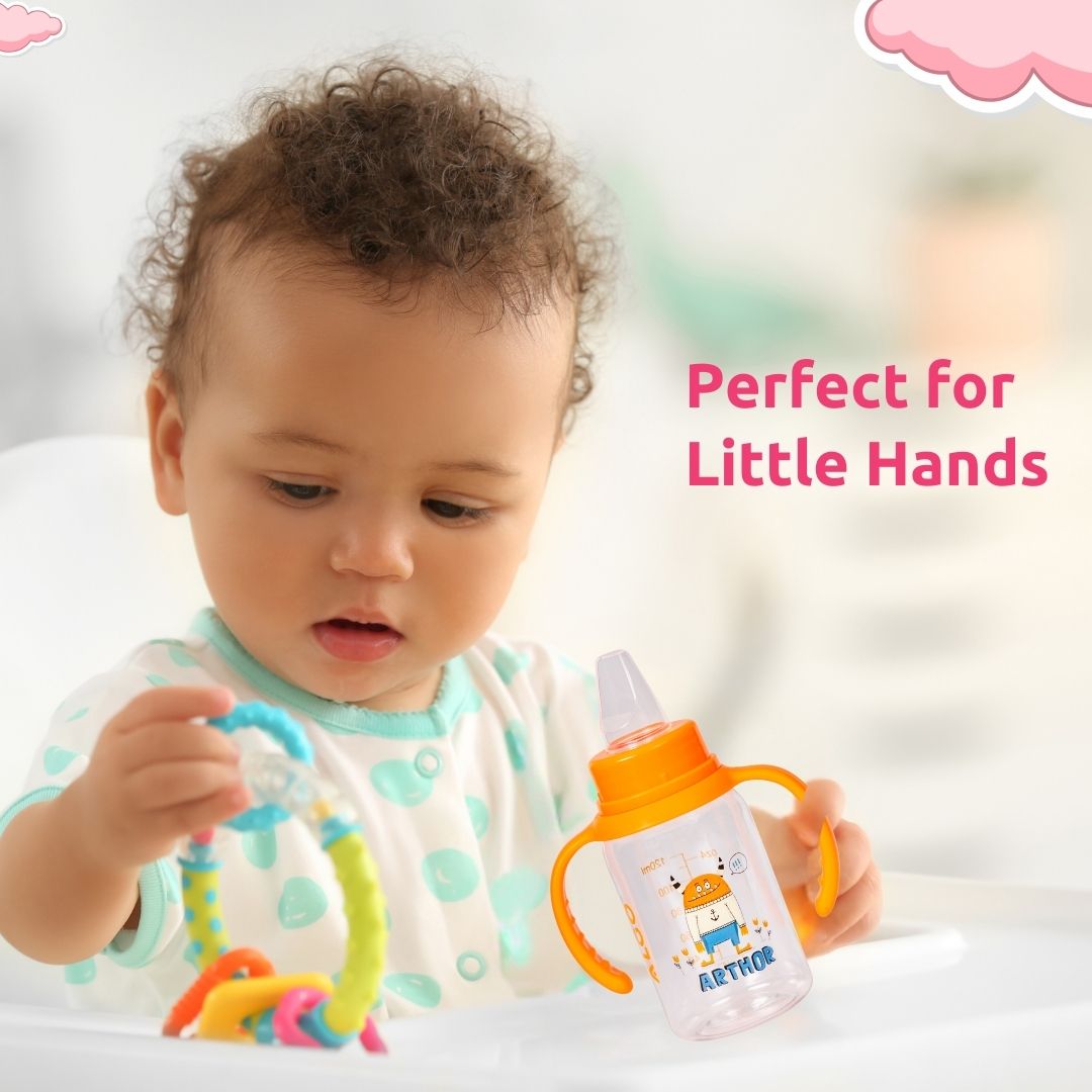 Adore ALGO Jr. Baby Silicon Soft Spout Sipper with Twin Handle- 125ml-Family Theme Orange