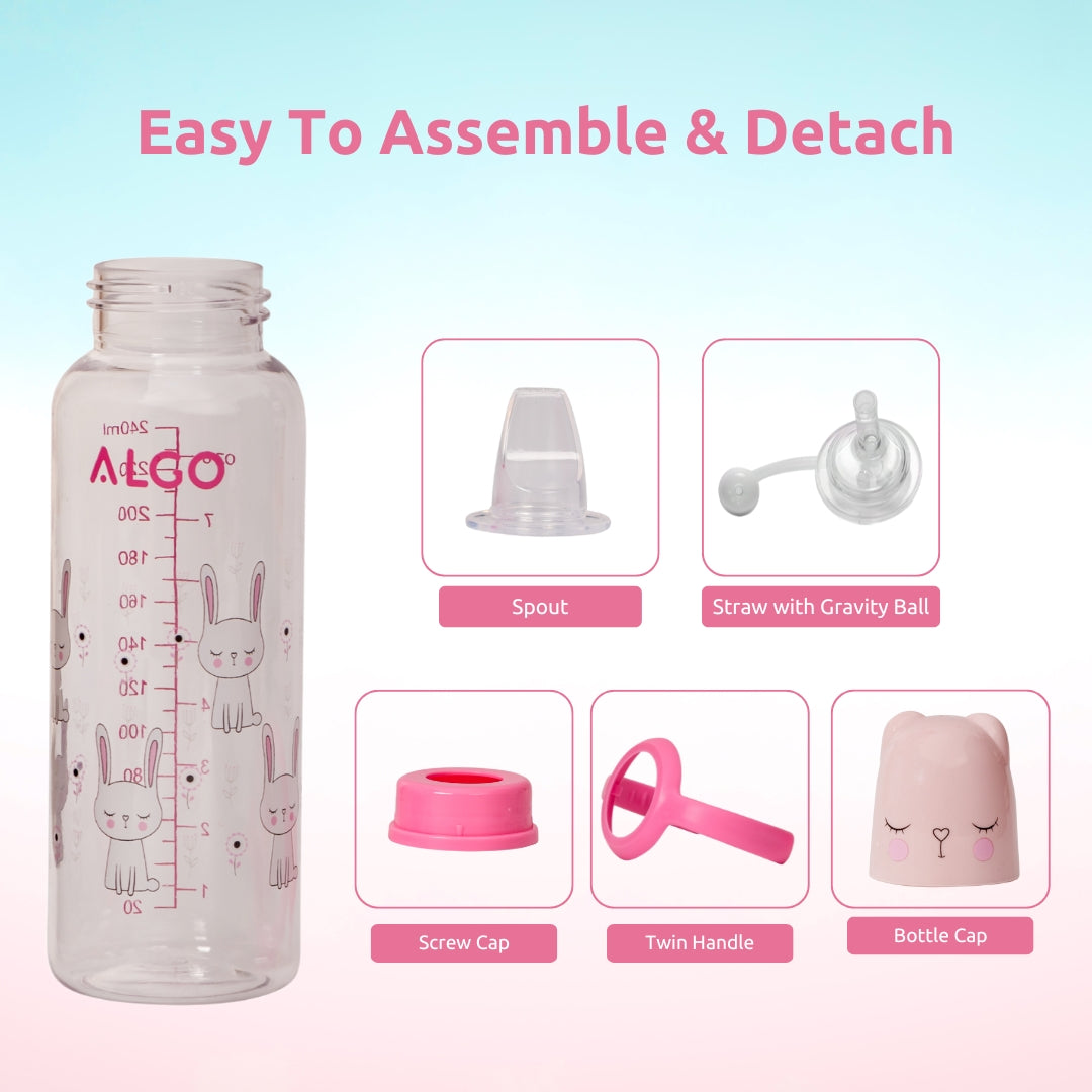 Adore ALGO Snr. 2 in 1 Baby Silicon Spout & Straw Sipper with Gravity Ball & Twin Handle - 250ml - Pink