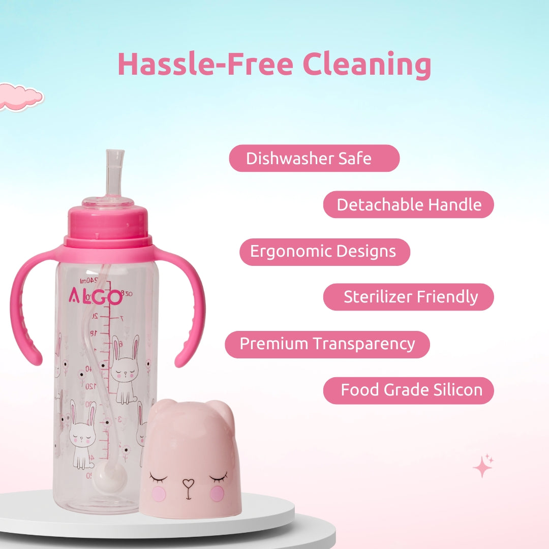 Adore ALGO Snr. 2 in 1 Baby Silicon Spout & Straw Sipper with Gravity Ball & Twin Handle - 250ml - Pink