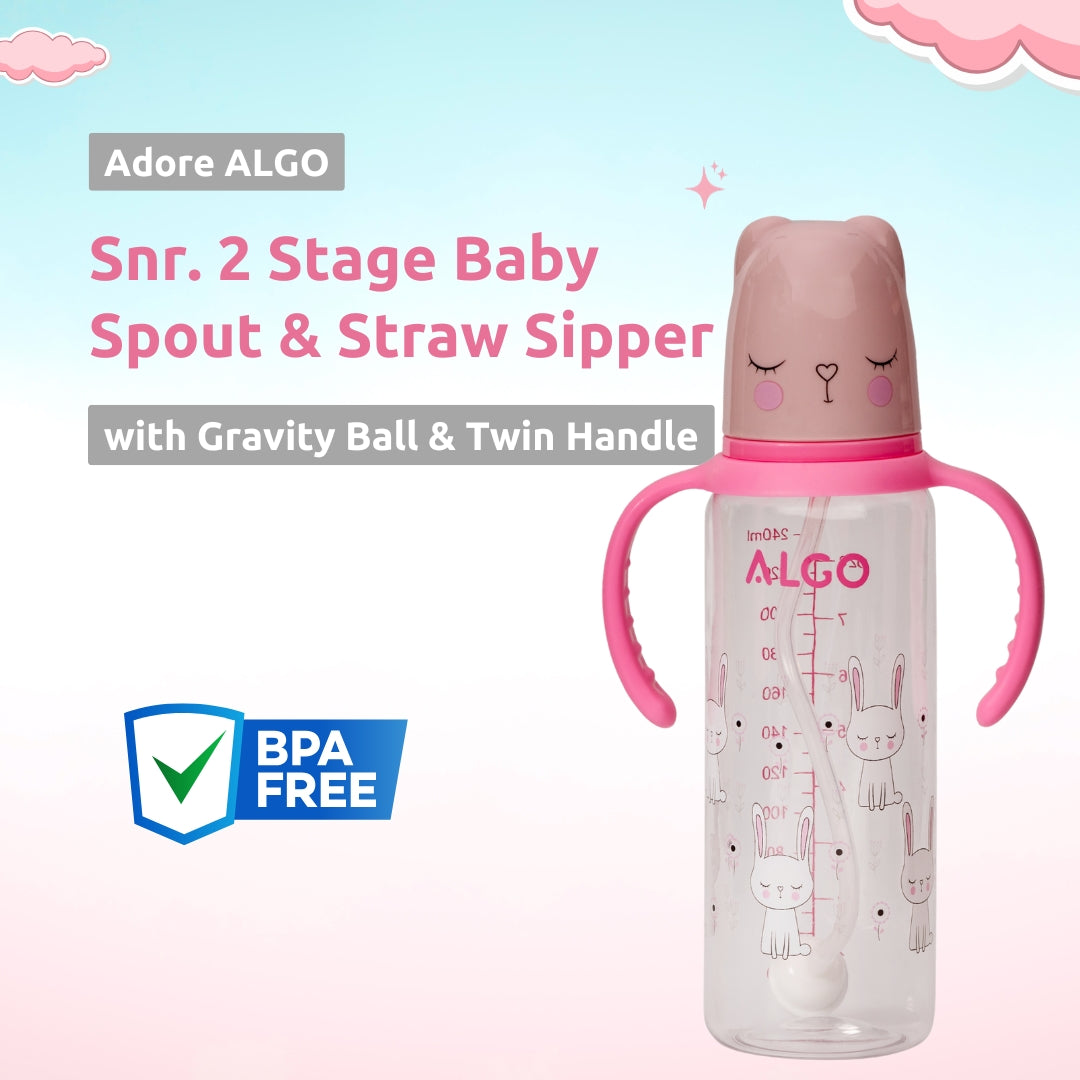 Adore ALGO Snr. 2 in 1 Baby Silicon Spout & Straw Sipper with Gravity Ball & Twin Handle - 250ml - Pink