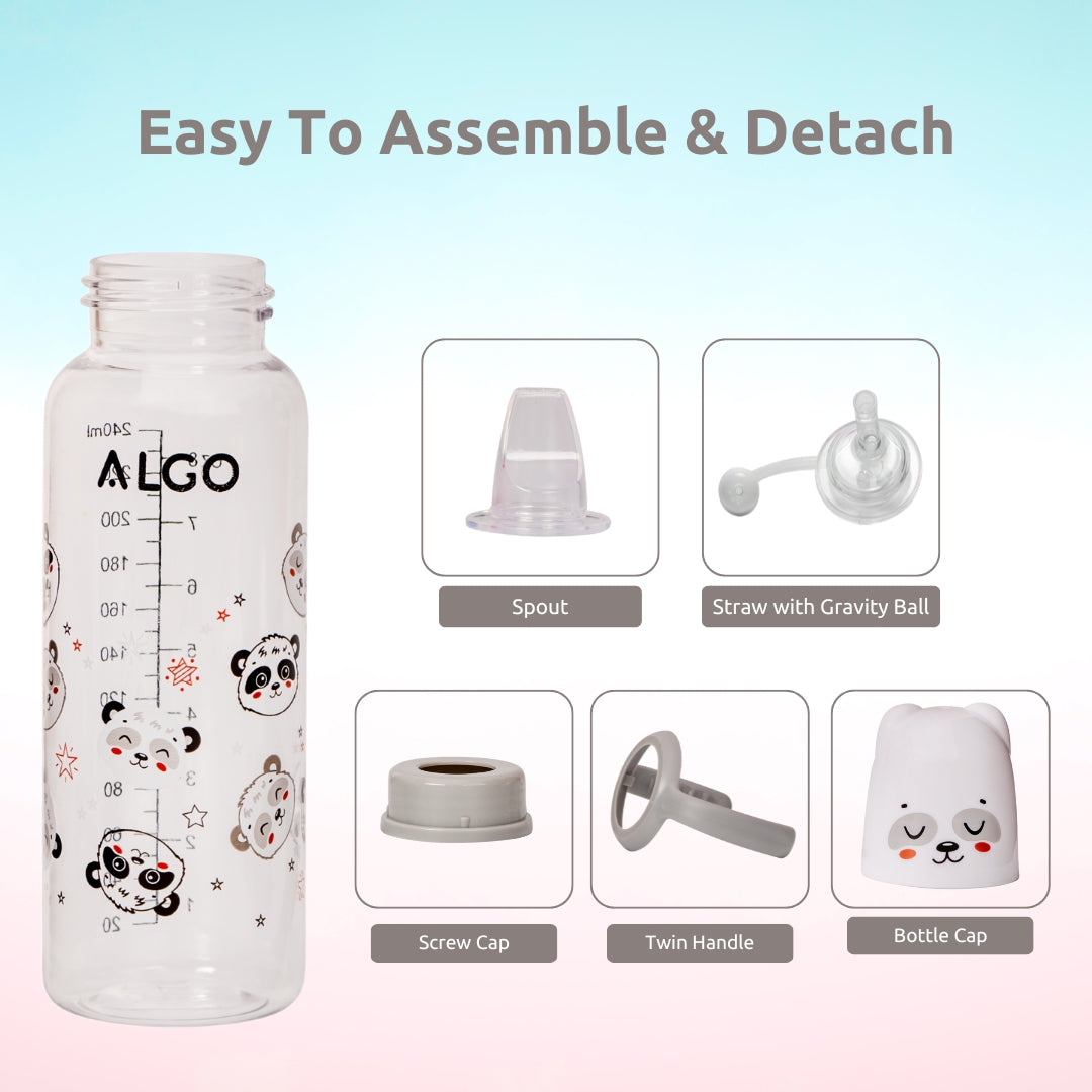 Adore ALGO Snr. 2 in 1 Baby Silicon Spout & Straw Sipper with Gravity Ball & Twin Handle - 250ml -Grey