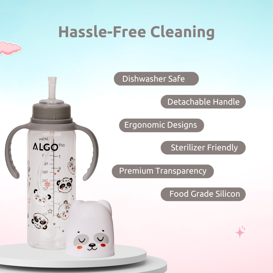 Adore ALGO Snr. 2 in 1 Baby Silicon Spout & Straw Sipper with Gravity Ball & Twin Handle - 250ml -Grey