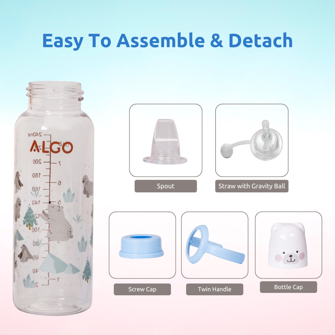 Adore ALGO Snr. 2 in 1 Baby Silicon Spout & Straw Sipper with Gravity Ball & Twin Handle - 250ml -Blue