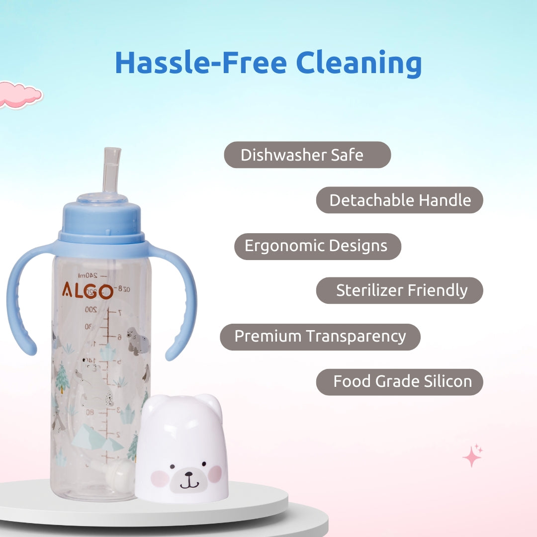 Adore ALGO Snr. 2 in 1 Baby Silicon Spout & Straw Sipper with Gravity Ball & Twin Handle - 250ml -Blue