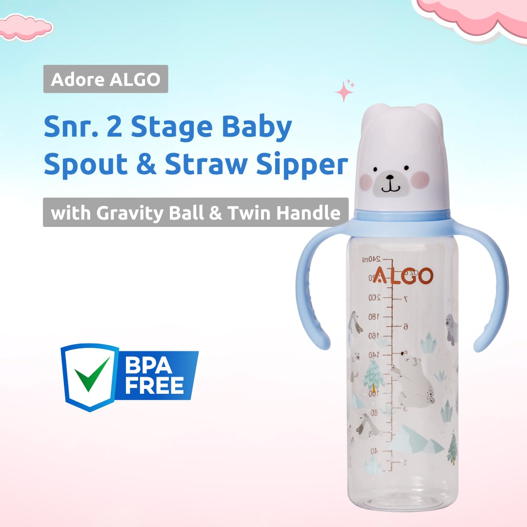 Adore ALGO Snr. 2 in 1 Baby Silicon Spout & Straw Sipper with Gravity Ball & Twin Handle - 250ml -Blue