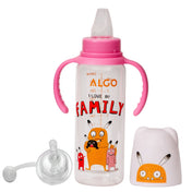 Adore ALGO Snr. 2 in 1 Baby Silicon Spout & Straw Sipper with Gravity Ball & Twin Handle - 250ml- Family Theme Pink