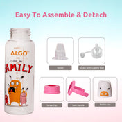 Adore ALGO Snr. 2 in 1 Baby Silicon Spout & Straw Sipper with Gravity Ball & Twin Handle - 250ml- Family Theme Pink