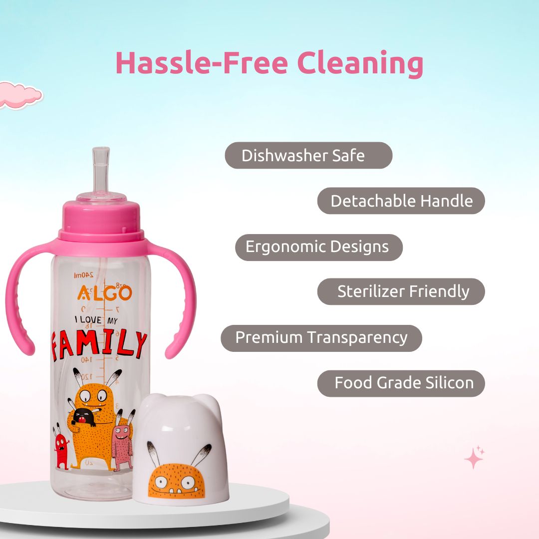 Adore ALGO Snr. 2 in 1 Baby Silicon Spout & Straw Sipper with Gravity Ball & Twin Handle - 250ml- Family Theme Pink