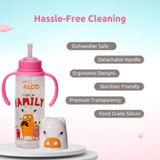 Adore ALGO Snr. 2 in 1 Baby Silicon Spout & Straw Sipper with Gravity Ball & Twin Handle - 250ml- Family Theme Pink