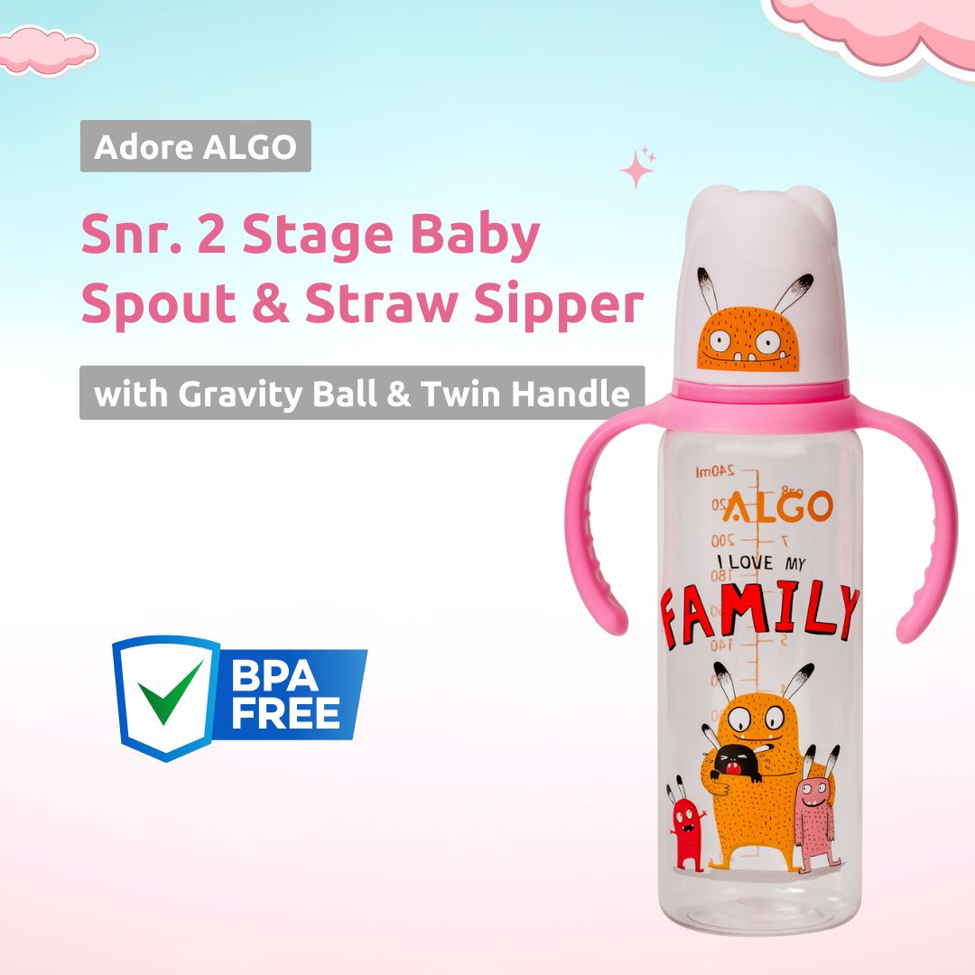 Adore ALGO Snr. 2 in 1 Baby Silicon Spout & Straw Sipper with Gravity Ball & Twin Handle - 250ml- Family Theme Pink