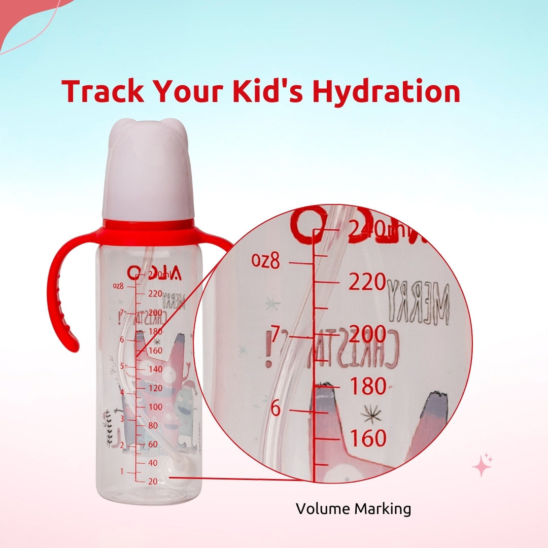 Adore ALGO Snr. 2 in 1 Baby Silicon Spout & Straw Sipper with Gravity Ball & Twin Handle - 250ml- Family Theme Red