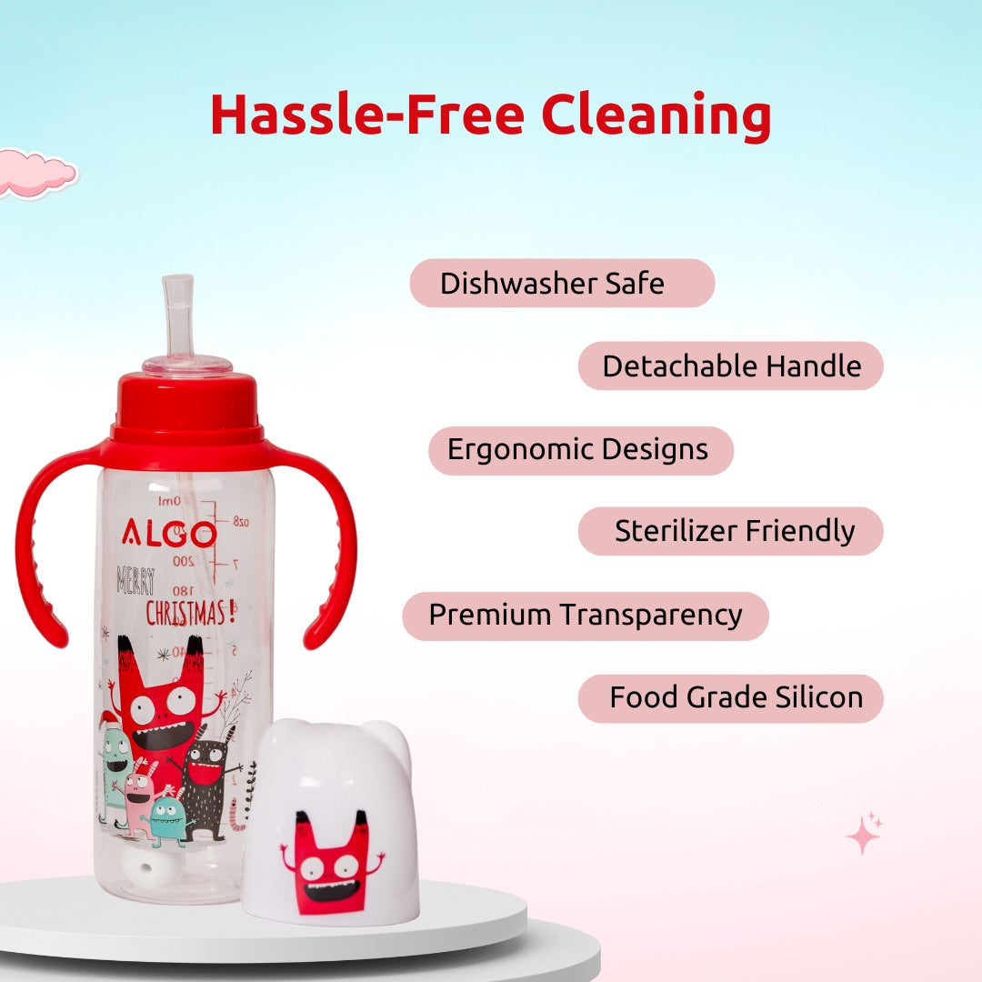 Adore ALGO Snr. 2 in 1 Baby Silicon Spout & Straw Sipper with Gravity Ball & Twin Handle - 250ml- Family Theme Red