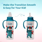 Adore ALGO Snr. 2 in 1 Baby Silicon Spout & Straw Sipper with Gravity Ball & Twin Handle - 250ml - Family Theme Blue