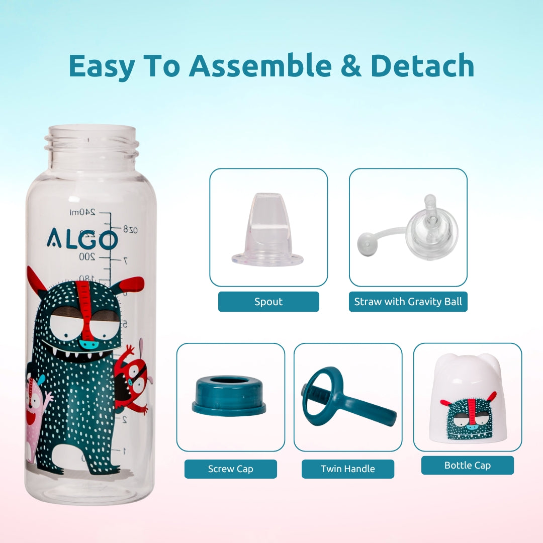 Adore ALGO Snr. 2 in 1 Baby Silicon Spout & Straw Sipper with Gravity Ball & Twin Handle - 250ml - Family Theme Blue