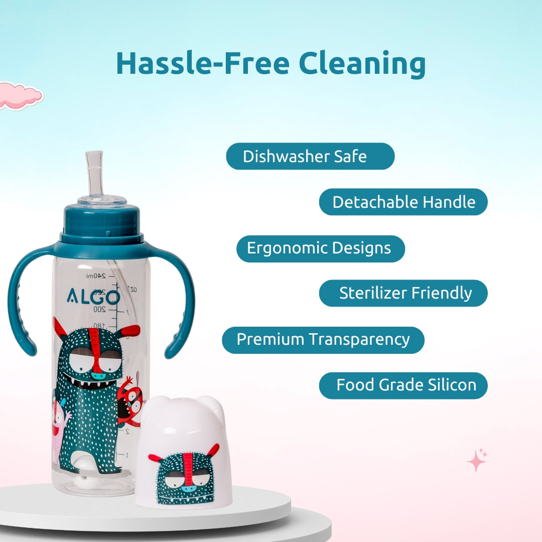 Adore ALGO Snr. 2 in 1 Baby Silicon Spout & Straw Sipper with Gravity Ball & Twin Handle - 250ml - Family Theme Blue