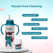 Adore ALGO Snr. 2 in 1 Baby Silicon Spout & Straw Sipper with Gravity Ball & Twin Handle - 250ml - Family Theme Blue